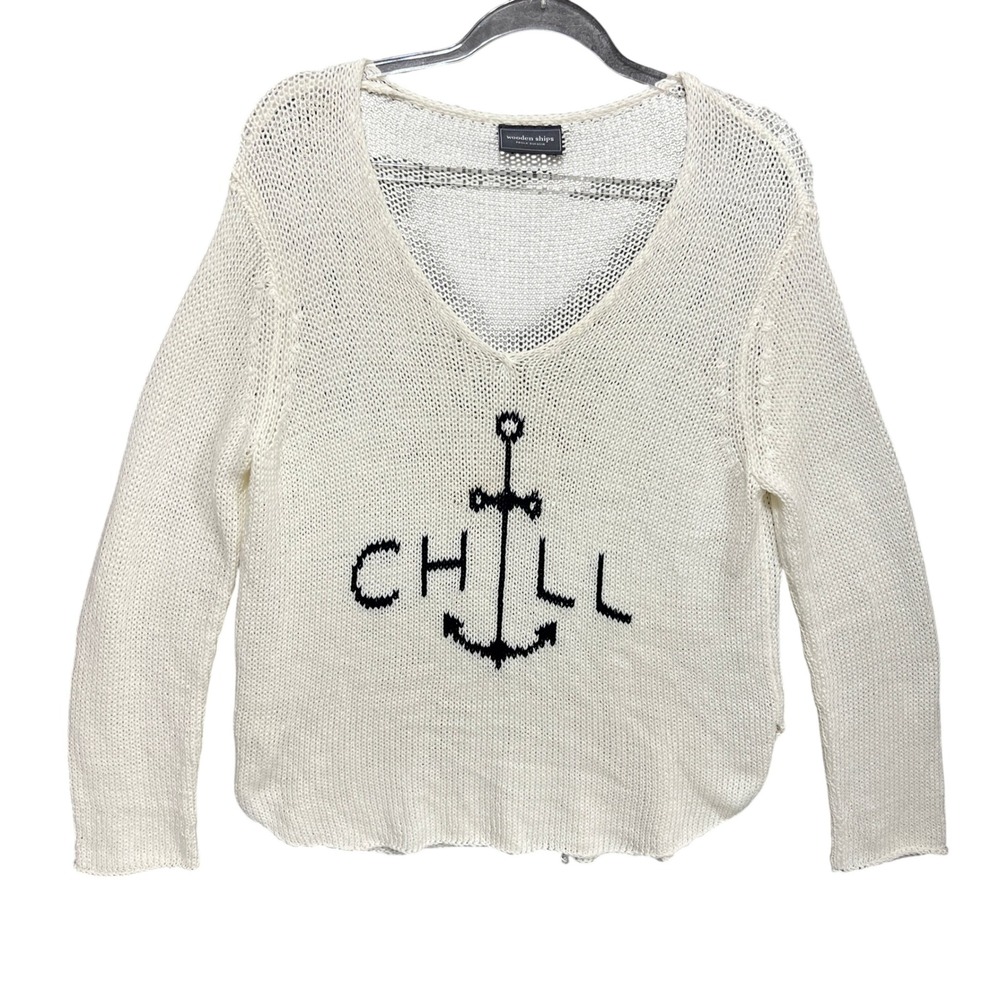 Wooden Ships Chill Anchor Open Knit V-Neck Sweater Cream White L Coastal Beachy